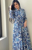 Autumn Elegant Blue Floral Long Sleeve Skater Dress with Belt