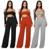 Autumn Sexy Grey off shoulder Crop Top with Long sleeve and Pant set