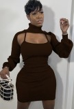 Autumn Brown High Collar with long sleeve and strap Mini Dress 2 piece set