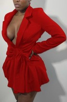Autumn Red Tailored Collar Long sleeve Ruffles Mini Dress