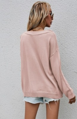 Autumn Casual Pink O-Neck Button Long Sleeve Sweater
