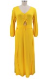 Summer Plus Size Yellow High Slit V-Neck Long Maxi Dress with Full Sleeves