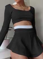 Autumn Black Long Sleeve Crop Top and Contrast Matching Loose Shorts Set