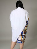 Autumn Plus Size Print with White Contrast Long Shirt Blouse