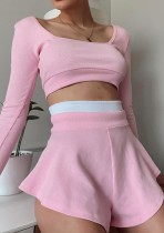 Autumn Pink Long Sleeve Crop Top and Contrast Matching Loose Shorts Set