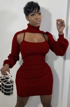 Autumn Red High Collar with long sleeve and strap Mini Dress 2 piece set
