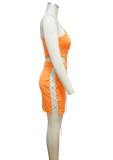 Summer Sexy Orange Hollow out with Chain Crop Top and Dress set