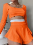 Autumn Orange Long Sleeve Crop Top and Contrast Matching Loose Shorts Set