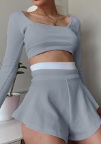 Autumn Gray Long Sleeve Crop Top and Contrast Matching Loose Shorts Set