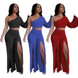 Autumn Sexy Blue One shoulder long sleeve Crop Top and Slit Pant set