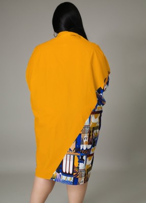 Autumn Plus Size Print with Orange Contrast Long Shirt Blouse