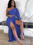 Autumn Sexy Blue One shoulder long sleeve Crop Top and Slit Pant set