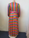 Autumn Plus Size Multicolor Long Sleeve Wrap Maxi Dress with Belt