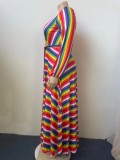 Autumn Plus Size Multicolor Long Sleeve Wrap Maxi Dress with Belt