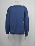 Autumn Casual Blue O-Neck Button Long Sleeve Sweater