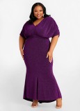 Autumn Elegant Plus Size Purple V-neck Puff Sleeve Mermaid Maxi Dress