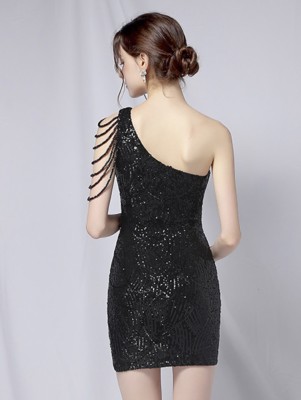 Summer Elegant Black Sequins One Shoulder Formal Party Dress