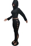 Autumn Sexy Black Pocket Crop Hoody and Matching Lace-up Pants Set