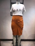 Summer Plus Size Casual Short Sleeve Top and Giner Ruched Skirt Set