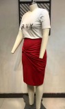 Summer Plus Size Casual Short Sleeve Top and Rose Ruched Skirt Set