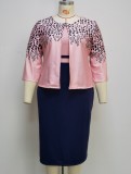 Autumn Plus Size Mother of Bride Print Pink Coat and Contrast Midi Dress Set