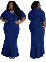 Autumn Elegant Plus Size Blue V-neck Puff Sleeve Mermaid Maxi Dress