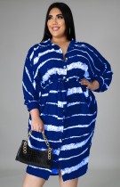 Autumn Plus Size Blue Striped Batwing Sleeve Button Up Loose Dress