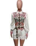 Autumn Floral Long Sleeve White Blouse and Matching Shorts Set