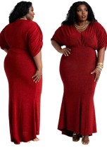 Autumn Elegant Plus Size Red V-neck Puff Sleeve Mermaid Maxi Dress
