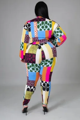 Autumn Plus Size Printed Tie Crop Blouse and Pants Set