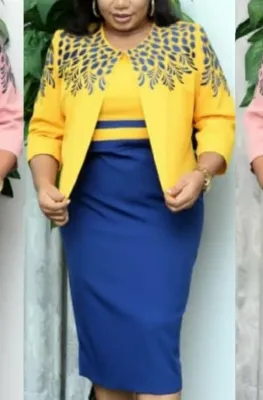 Autumn Plus Size Mother of Bride Print Yellow Coat and Contrast Midi Dress Set