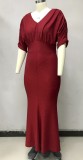 Autumn Elegant Plus Size Red V-neck Puff Sleeve Mermaid Maxi Dress