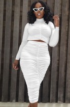 Autumn White Ruffles Long sleeve Crop Top and Tight Skirt set