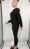 Autumn Casual Black Hoodies Puffed Sleeve Top and Pant set