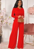 Autumn Red Long sleeve Crop Top and High Waist Loose Pant set