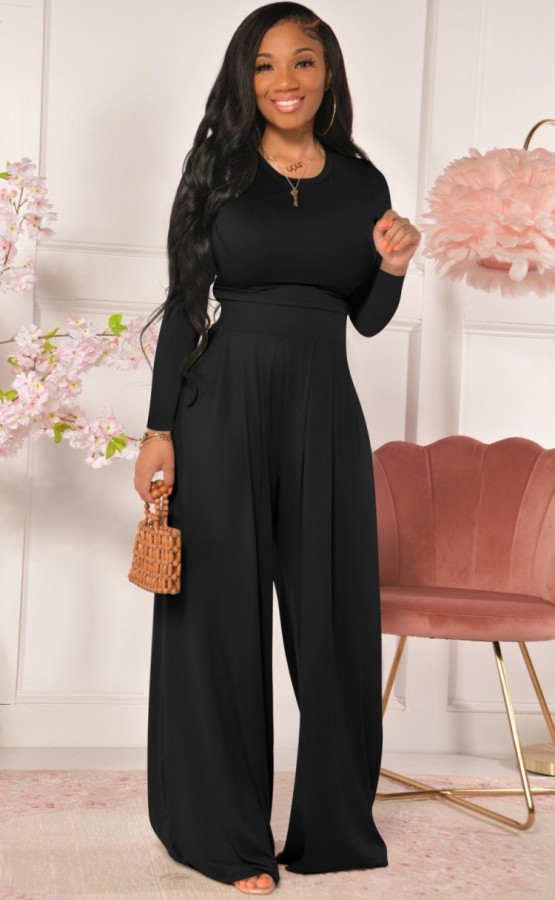 Autumn Black Long sleeve Crop Top and High Waist Loose Pant set