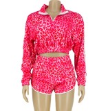 Autumn Rose Leopard print Piping with Zipper Long sleeve Crop Top and Shorts set