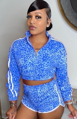 Autumn Blue Leopard print Piping with Zipper Long sleeve Crop Top and Shorts set