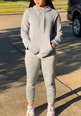 Autumn Casual Grey Hoodies Puffed Sleeve Top and Pant set