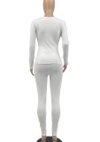 Autumn Casual White U-neck Long sleeve Crop Top and High Waist Pant set