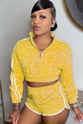 Autumn Yellow Leopard print Piping with Zipper Long sleeve Crop Top and Shorts set