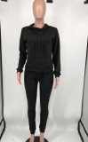 Autumn Casual Black Hoodies Puffed Sleeve Top and Pant set