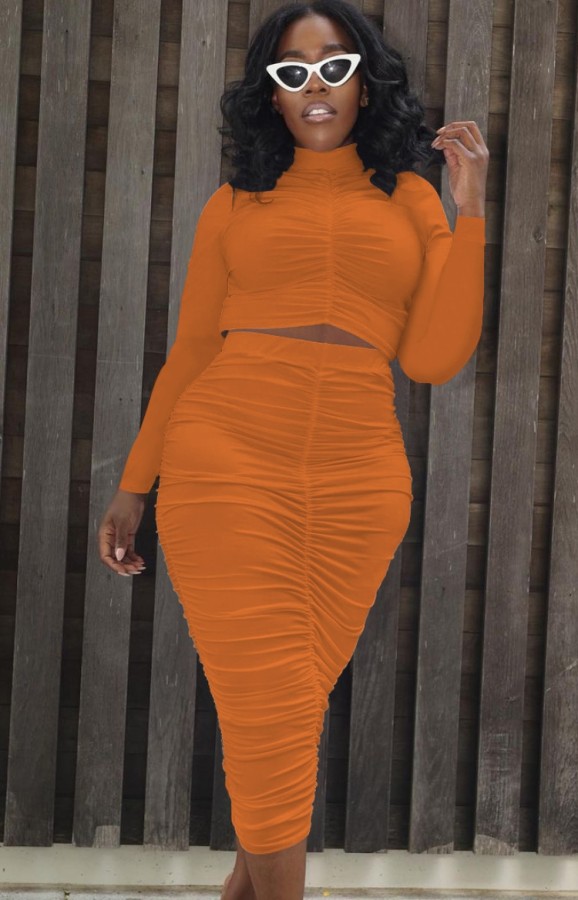 Autumn Orange Ruffles Long sleeve Crop Top and Tight Skirt set