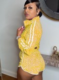 Autumn Yellow Leopard print Piping with Zipper Long sleeve Crop Top and Shorts set