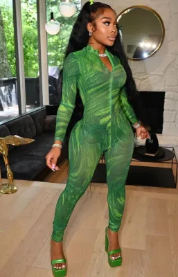 Autumn Green Tie Dyed Zipper Up Long Sleeve Jumpsuit