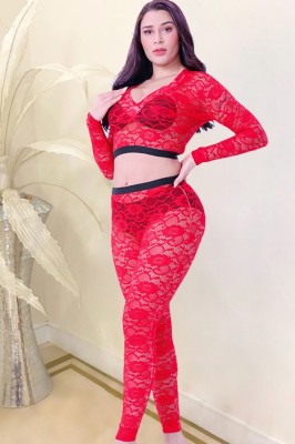 Autumn Sxey Red Lace V-neck Long sleeve Crop Top and Pant set