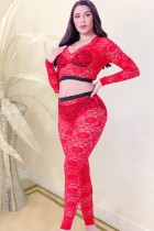 Autumn Sxey Red Lace V-neck Long sleeve Crop Top and Pant set