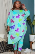 Summer Plus Size Green Letter Print Three-quarter sleeve Long Blouse and Pant Set