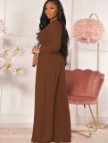 Autumn Brown Long sleeve Crop Top and High Waist Loose Pant set