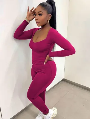 Autumn Rose U-neck Long sleeve Top and Pant 2 piece set